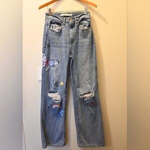 Flared Distressed Cotton Blend Blue Jeans Butterfly Rainbow Patches Size 7